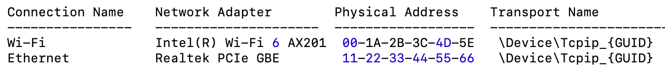 Windows getmac output